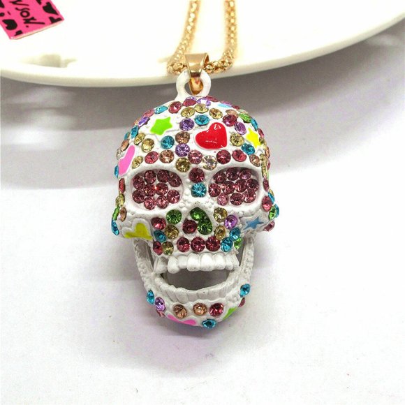 NEW Betsey Johnson Colorful Sugar Skull / Candy Skull Necklace Pendant Chain - Picture 1 of 5